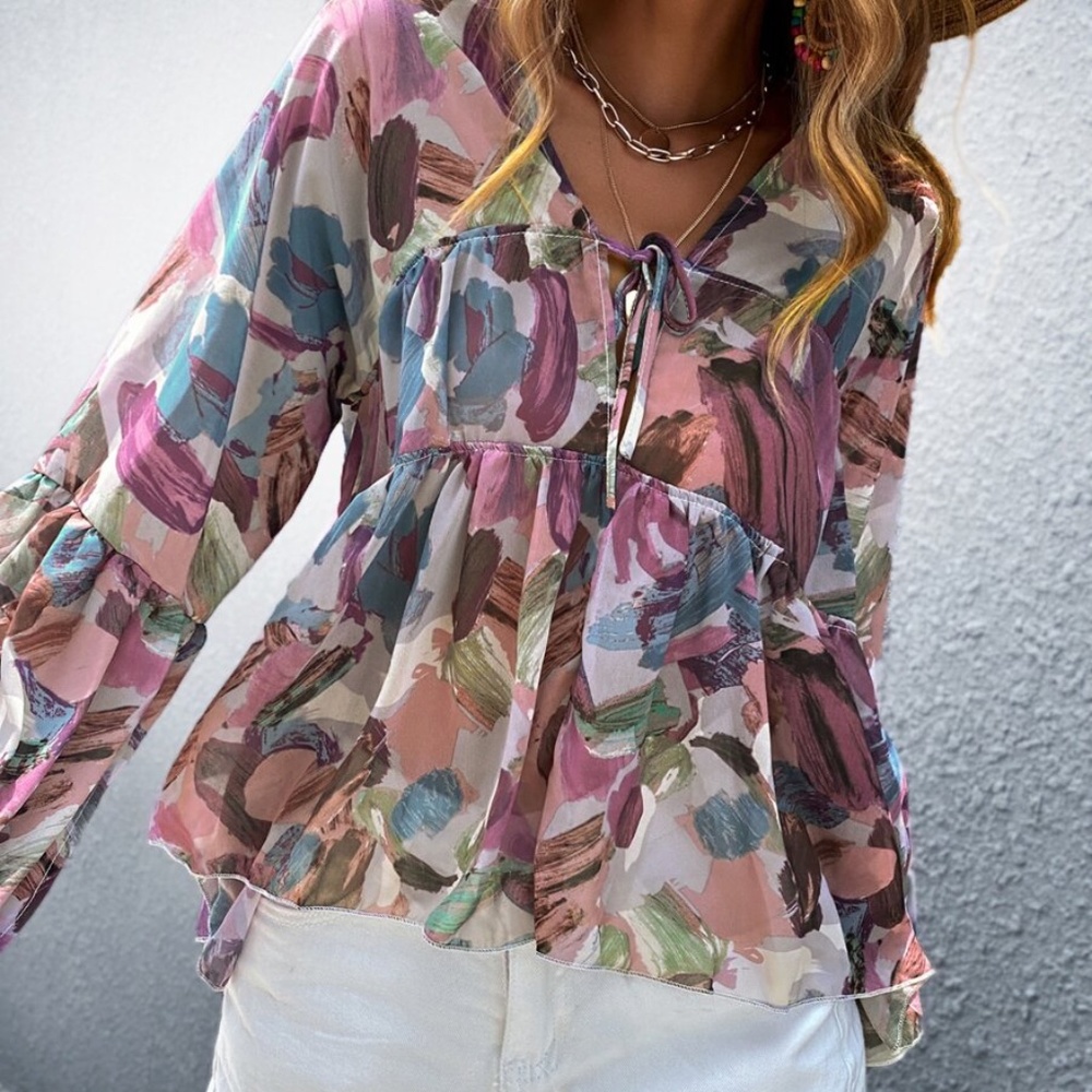 Boho Floral Pink Tie Babydoll Oversized Top